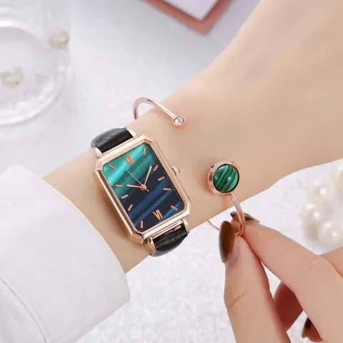 Dames Mode Rechthoekig Quartz Horloge En Armband Met Rose Goud Legering Kast Kunstlederen Band Malachiet Marmer Patroon Wijzerplaat Romeinse Cijfers Decoratief Sieraad Cadeau Voor Dames