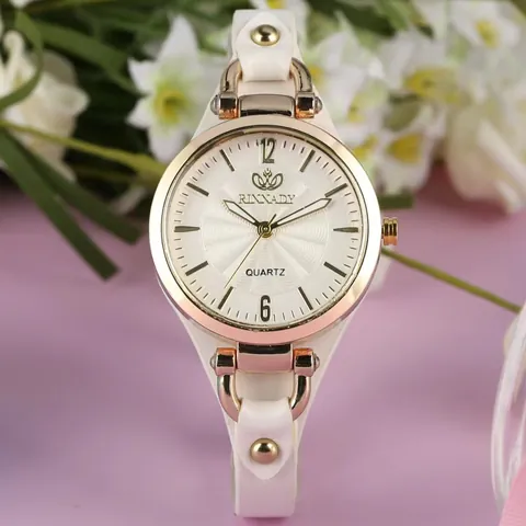 RINNADY Women Fashion Quartz Watch Minimalist Small Dial Alloy Case PU Leather Strap Gold Tone Casual Ladies Wristwatch