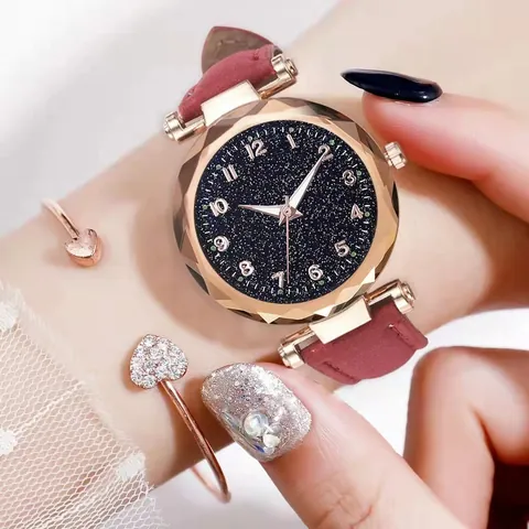 Women Fashion Starry Sky Dial Quartz Watch With Faux Leather Strap Alloy Case Heart Bracelet Accessory Gift Ladies Wristwatch