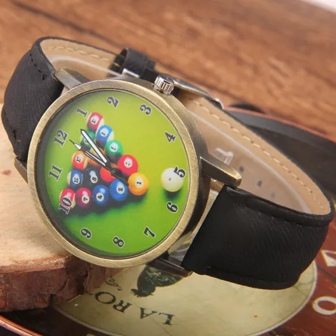 Billiards Theme Quartz Watch Retro Bronze Alloy Case Creative Pool Table Design Casual Unisex Wristwatch With PU Leather Strap