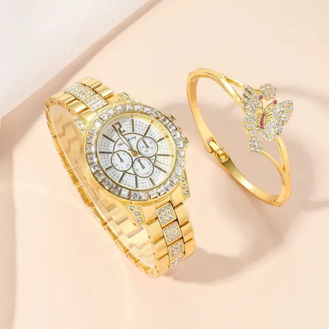 Orologio da Donna di Lusso con Strass Dorati e Bracciale a Farfalla Combo Orologio alla Moda in Cristallo di Lega