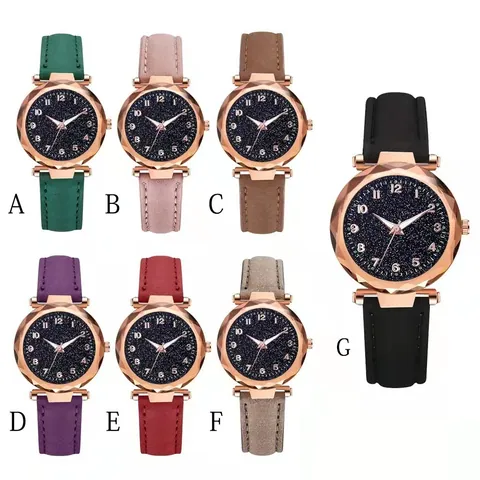 Women Fashion Starry Sky Quartz Watch Rose Gold Alloy Case Faux Leather Strap Faceted Glass Analog Wristwatch Elegant Casual Students Watch