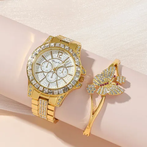 Orologio da Donna di Lusso con Strass Dorati e Bracciale a Farfalla Combo Orologio alla Moda in Cristallo di Lega