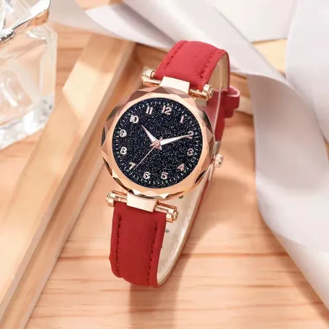 Women Fashion Starry Sky Quartz Watch Rose Gold Alloy Case Faux Leather Strap Faceted Glass Analog Wristwatch Elegant Casual Students Watch
