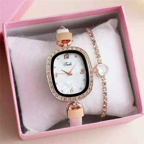 Fashion Women Quartz Watch Heart Bracelet Gift Box Set Rhinestone Oval Alloy Case Marble Pattern Faux Leather Strap Ladies Wristwatch