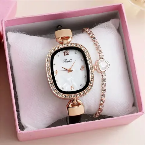 Fashion Women Quartz Watch Heart Bracelet Gift Box Set Rhinestone Oval Alloy Case Marble Pattern Faux Leather Strap Ladies Wristwatch