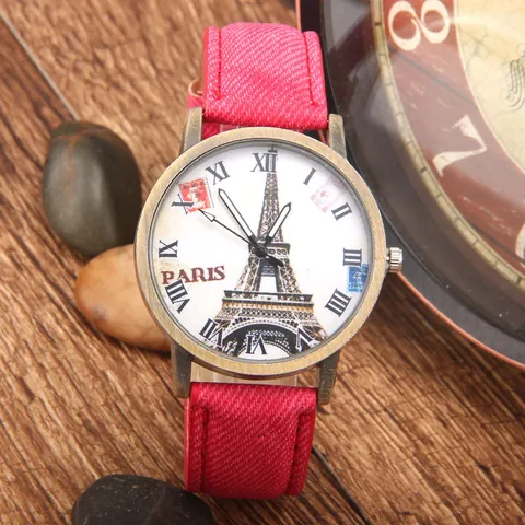 Vintage Quartz Watch Eiffel Tower Paris Pattern Roman Numerals Dial PU Leather Strap Alloy Case Fashion Accessory Women Men Gift