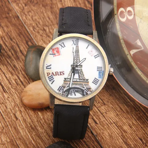 Vintage Quartz Watch Eiffel Tower Paris Pattern Roman Numerals Dial PU Leather Strap Alloy Case Fashion Accessory Women Men Gift