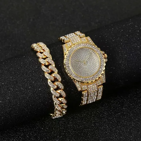Luxus Damen Iced Out Quarzuhr Und Strass Panzerkette Armband Schmuck Set Voll Diamant Sternenhimmel Zifferblatt Armbanduhr Geschenkbox