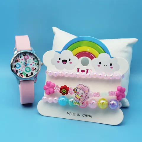 Cartoon Panda Strawberry Children Quartz Watch With 3Pcs Beads Bracelet Jewelry Set For Kids Girls Gift