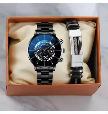 Men's Business Fashion Quartz Watch And Bracelet Gift Set Alloy Case Chronograph Style Casual Wristwatch For Men