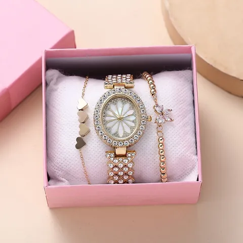 Montre à Quartz de Luxe en Or pour Femme et Ensemble de Bracelets Strass Cadran Ovale Motif Marguerite Bijoux en Alliage avec Boîte Cadeau