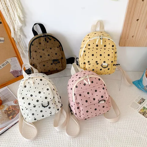 Corduroy Mini Backpack For Women Cute Floral Rabbit Print Small Travel Rucksack Japanese Style Fashion Shoulder Bag