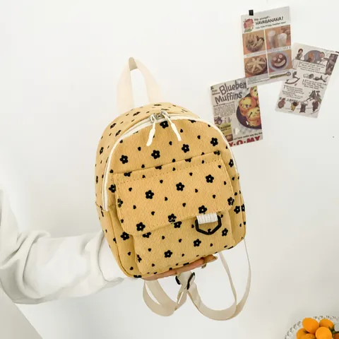 Corduroy Mini Backpack For Women Cute Floral Rabbit Print Small Travel Rucksack Japanese Style Fashion Shoulder Bag