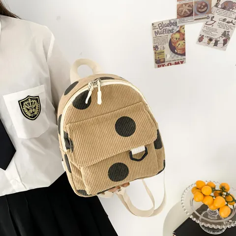 Women's Mini Corduroy Backpack Vintage Polka Dot School Bag For College Students Casual Travel Daypack Small Knapsack
