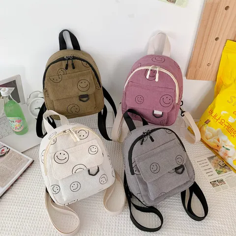 Damen Cord Mini Rucksack Niedlich Smiley Muster Kleiner Tagesrucksack Lässig Student Schultasche Für Mädchen Jugendliche