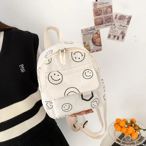 Damen Cord Mini Rucksack Niedlich Smiley Muster Kleiner Tagesrucksack Lässig Student Schultasche Für Mädchen Jugendliche
