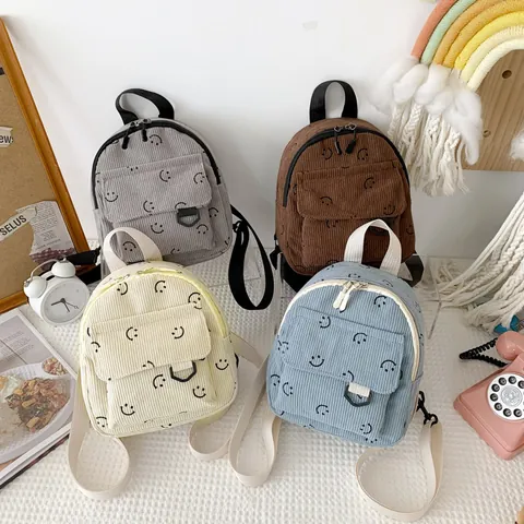 Zaino Mini in Velluto a Coste Con Stampa Faccina Sorridente per Donna Ragazza Zainetto Leggero Versatile per Uso Quotidiano