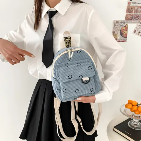 Zaino Mini in Velluto a Coste Con Stampa Faccina Sorridente per Donna Ragazza Zainetto Leggero Versatile per Uso Quotidiano