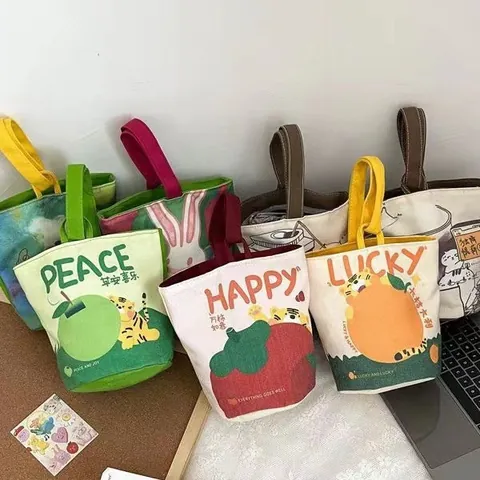 Original Ins Illustration Cartoon Canvas Handheld Bucket Bag For Women Kids Portable Cute Snack Lunch Tote Handbag