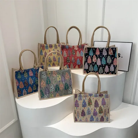 Borsa Shopping Casual da Donna in Cotone Lino Con Motivo Albero di Natale Borsa a Mano Grande Capacità Stile Giapponese Borsa a Tracolla