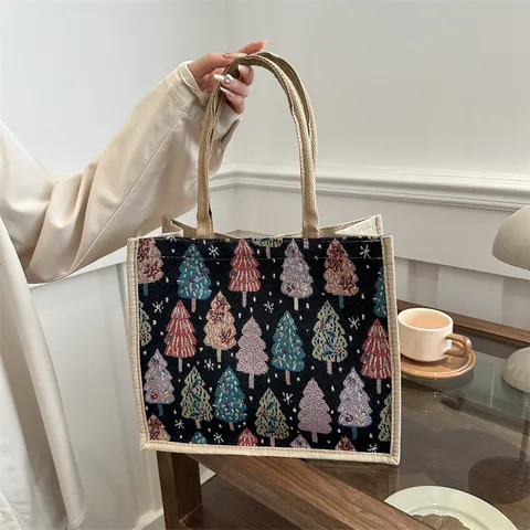 Borsa Shopping Casual da Donna in Cotone Lino Con Motivo Albero di Natale Borsa a Mano Grande Capacità Stile Giapponese Borsa a Tracolla