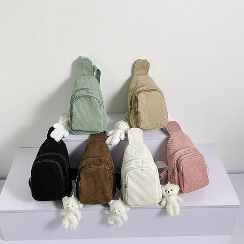 Women Corduroy Chest Bag With Bear Pendant Vintage Solid Color Sling Bag Adjustable Strap Casual Shoulder Bag For Daily Travel