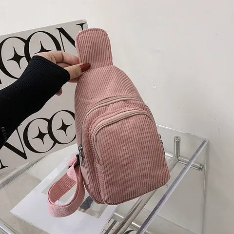 Women Corduroy Chest Bag With Bear Pendant Vintage Solid Color Sling Bag Adjustable Strap Casual Shoulder Bag For Daily Travel