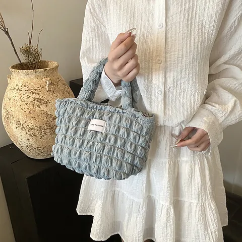 Dames Popcorn Textuur Bubbel Shopper Koreaanse Ins Geplooide Handtas Casual Canvas Schoudertas Met Love Fashion Label