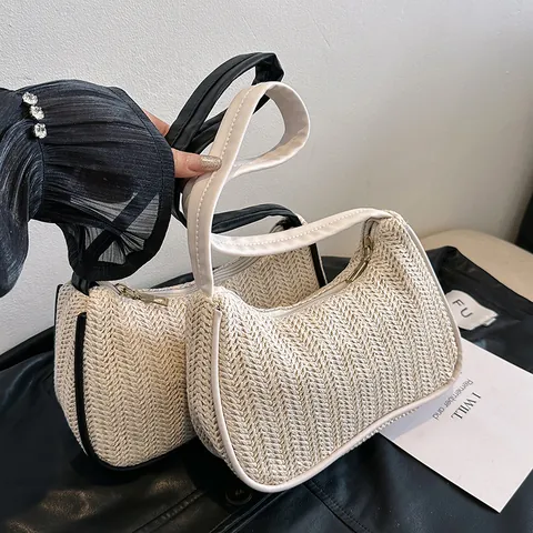 Bolso de Axila de Paja Tejida Vintage para Mujer Verano Color de Contraste Bolso de Hombro Media Luna Bolso de Mano Vacaciones