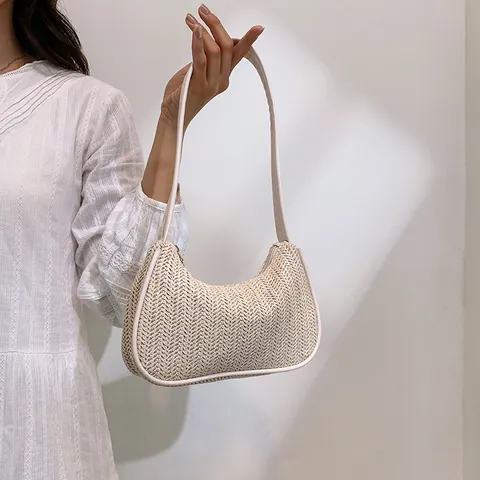 Bolso de Axila de Paja Tejida Vintage para Mujer Verano Color de Contraste Bolso de Hombro Media Luna Bolso de Mano Vacaciones