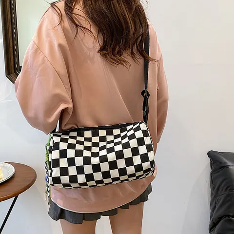 Women Checkerboard Canvas Cylinder Crossbody Bag Japanese Style Harajuku Streetwear Adjustable Shoulder Bag For Students