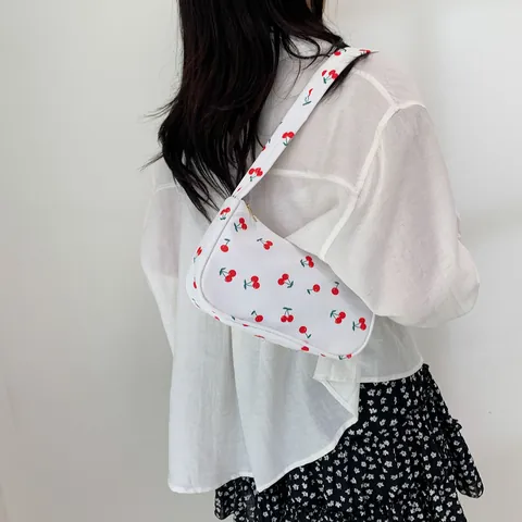 Women Casual Nylon Underarm Bag Japanese Style Fresh Strawberry Cherry Print Hobo Shoulder Bag Fashion Graffiti Letter Handbag For Daily Commuting