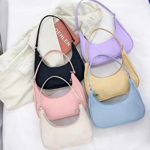 Women Minimalist Nylon Underarm Bag French Crescent Hobo Bag Solid Color Zipper Closure Commute Single Shoulder Bag