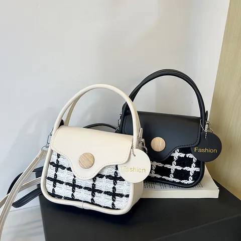 Bolso Bandolera Vintage Patchwork Cuadros Mujer Cuero PU Tweed Con Decoración Botón Madera Bolso Hombro Elegante