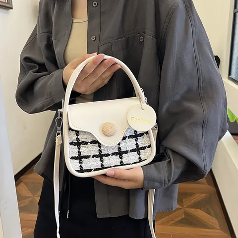 Bolso Bandolera Vintage Patchwork Cuadros Mujer Cuero PU Tweed Con Decoración Botón Madera Bolso Hombro Elegante