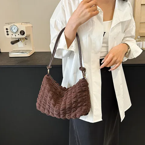 Women French Fashion Bubble Texture Underarm Bag Pleated Popcorn Fabric Shoulder Handbag Canvas Daily Hobo Bag Multi Colors