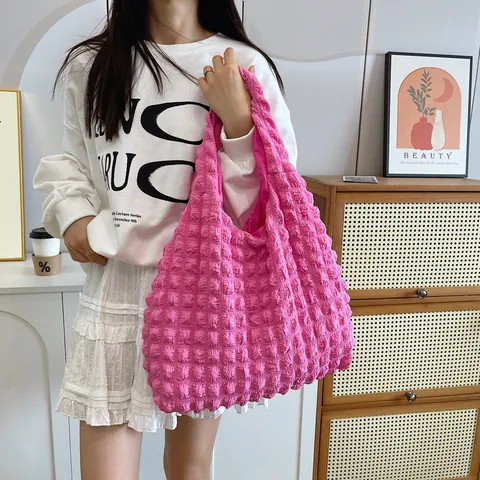 French Niche Bubble Texture Tote Bag Women Canvas Popcorn Fabric Pleated Shoulder Bag Fashion Large Capacity Hobo Bag Daily Casual Underarm Bag