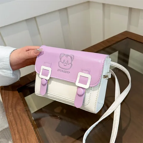 Cute Cartoon Cat Embroidery PU Leather Crossbody Bag For Girls Women Small Square Shoulder Bag With Flap Cover Casual School Bag