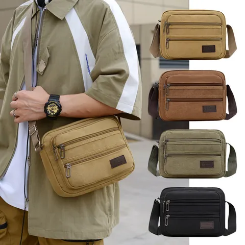 Men's Casual Canvas Crossbody Bag Multi-Pocket Wear-Resistant Shoulder Messenger Bag For Business Travel Daily Use Satchel