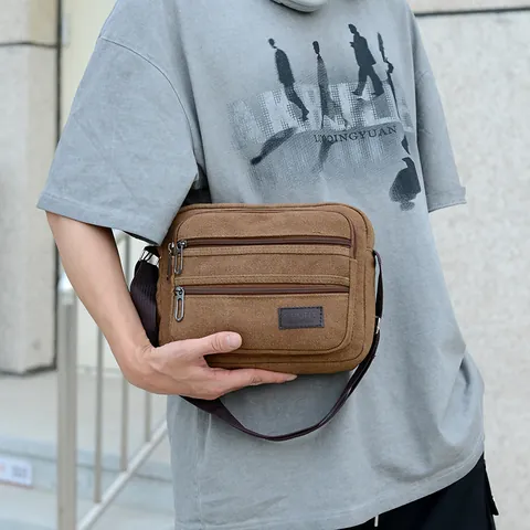 Men's Casual Canvas Crossbody Bag Multi-Pocket Wear-Resistant Shoulder Messenger Bag For Business Travel Daily Use Satchel