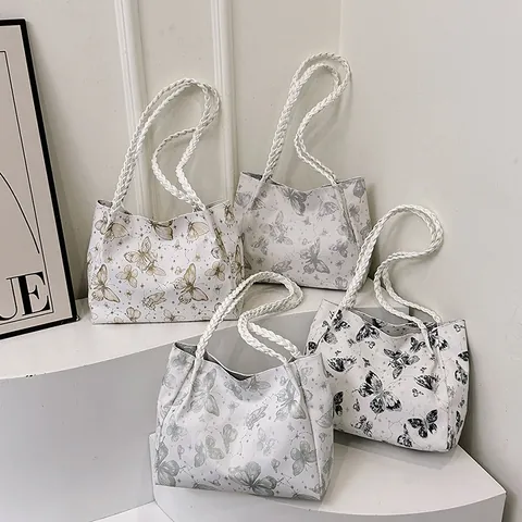 Bolso de Mano para Mujer Con Estampado de Mariposas Gran Capacidad Cuero PU Bolso de Hombro Con Asa Trenzada Escuela