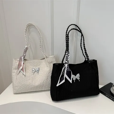 Französischer Stil Schmetterling Tragetasche Für Damen Große Kapazität Plissierte Schultertasche Mit Geflochtenem Griff Und Schal