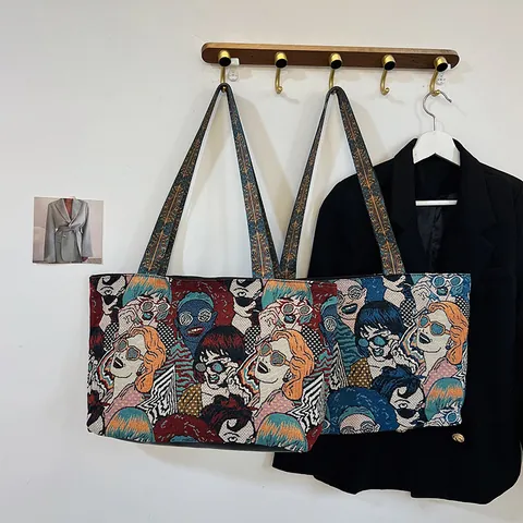 Grand Sac à Main Tote en Toile Jacquard Portrait Pop Art pour Femme Style Ethnique Tissé Sac Bandoulière Décontracté pour Étudiant