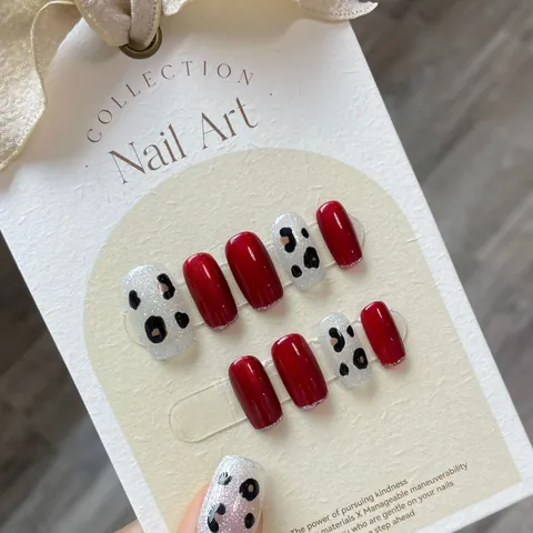 Handmade Wine Red Leopard Print Squoval Reusable Glossy Gel Press On Nails With Manicure Tool Kit For Women Fashion