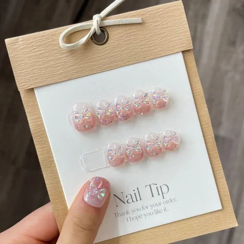 Handgemaakte Roze Paars Glitter Gradiënt Press On Nagels Met 3D Holografische Vlinder Strik Strass Ronde Kop Kunstnagels Voor Dames