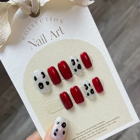 Handmade Wine Red Leopard Print Squoval Reusable Glossy Gel Press On Nails With Manicure Tool Kit For Women Fashion