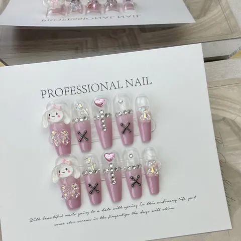 Handgemaakte Lange Coffin Press-On Nagels Roze Gradiënt 3D Konijn Beer Strik Hart Strass Decoratieve Nagels Voor Vrouwen Meisjes