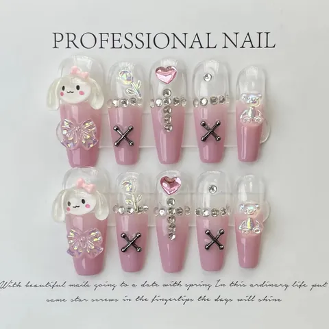 Handgemaakte Lange Coffin Press-On Nagels Roze Gradiënt 3D Konijn Beer Strik Hart Strass Decoratieve Nagels Voor Vrouwen Meisjes