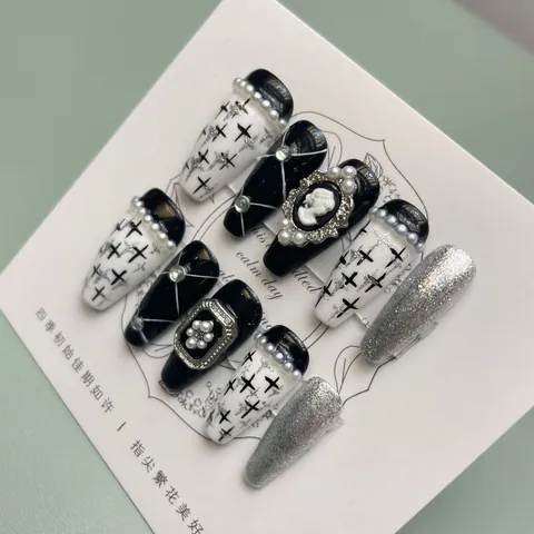 Handmade Gothic Black White Silver Press On Nails With Cross Cameo Artificial Pearl Decor Victorian Style Wearable False Nails